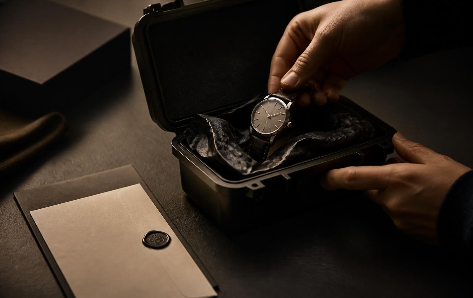 A wristwatch being placed into a plain protective case beside a sealed document envelope